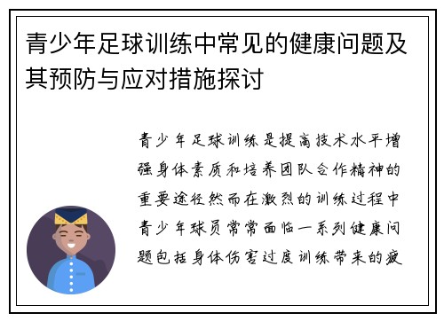 青少年足球训练中常见的健康问题及其预防与应对措施探讨