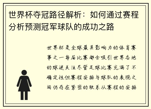 世界杯夺冠路径解析：如何通过赛程分析预测冠军球队的成功之路