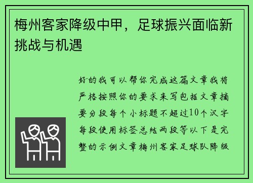 梅州客家降级中甲，足球振兴面临新挑战与机遇